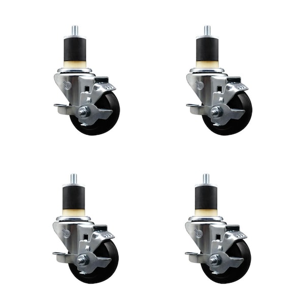 Service Caster 3'' SS Soft Rubber Swivel 1-7/8'' Expanding Stem Caster Set with Brake, 4PK SCC-SSEX20S314-SRS-TLB-178-4 - main